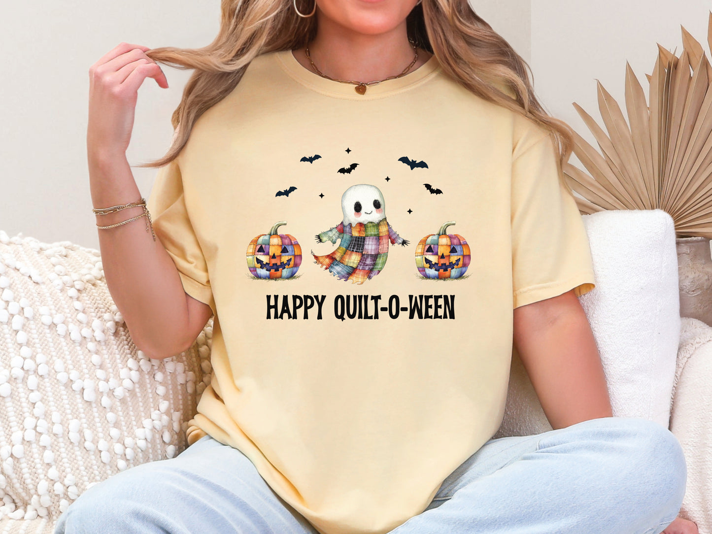 Happy Quilt-O-Ween t-shirt with patchwork pumpkins and ghost, Butter Comfort Colors shirt – gift for quilters.