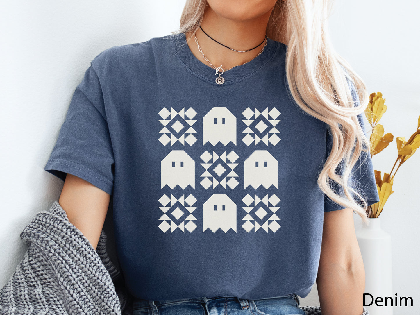 Halloween quilt t-shirt in Comfort Colors Denim with spooky ghost quilt blocks in a grid design—fun fall gift for quilters.