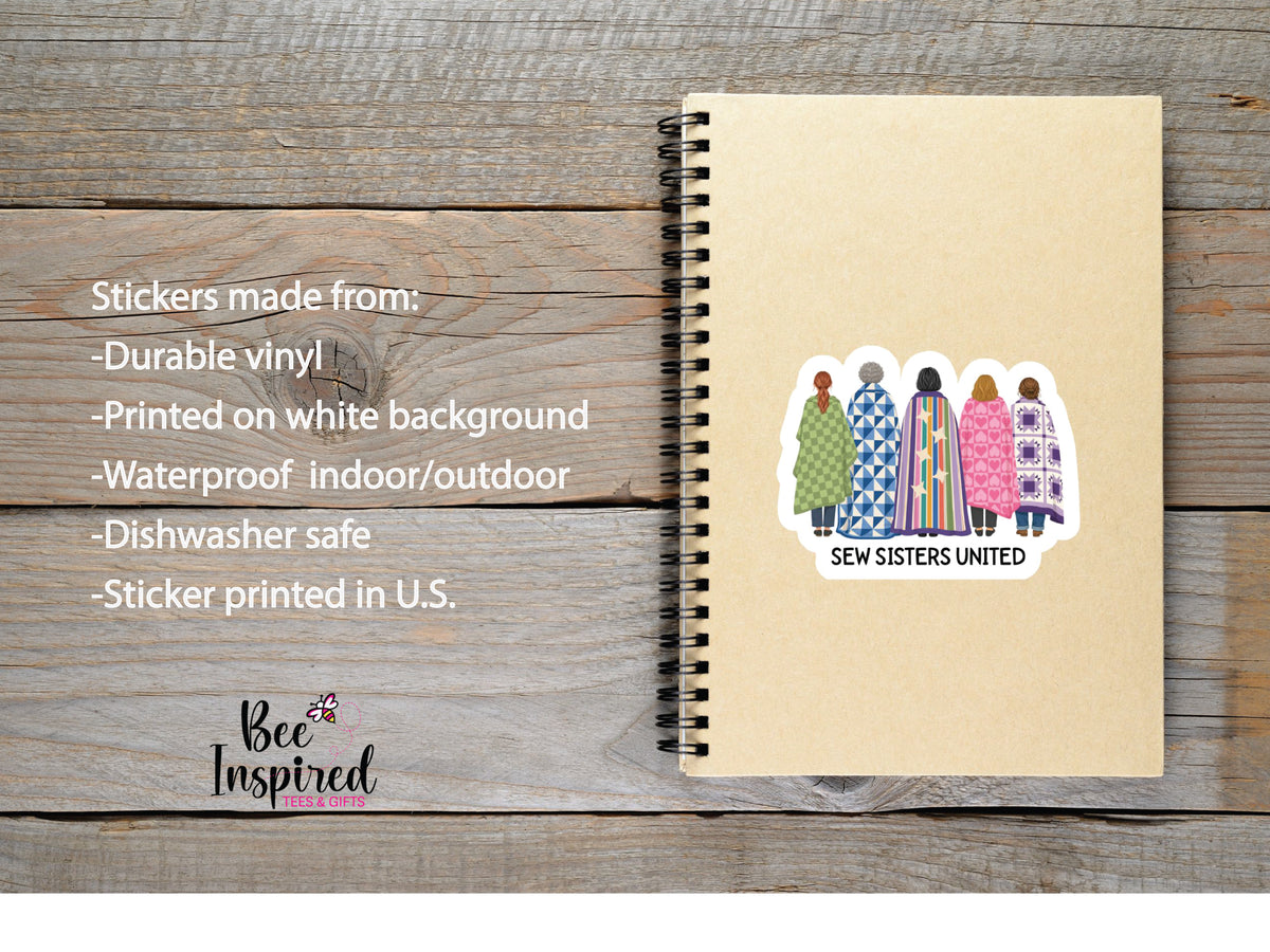 Sew Sisters United sticker featuring five quilters wrapped in colorful quilts. A fun friendship gift for quilting friends, guild members, and retreat buddies.