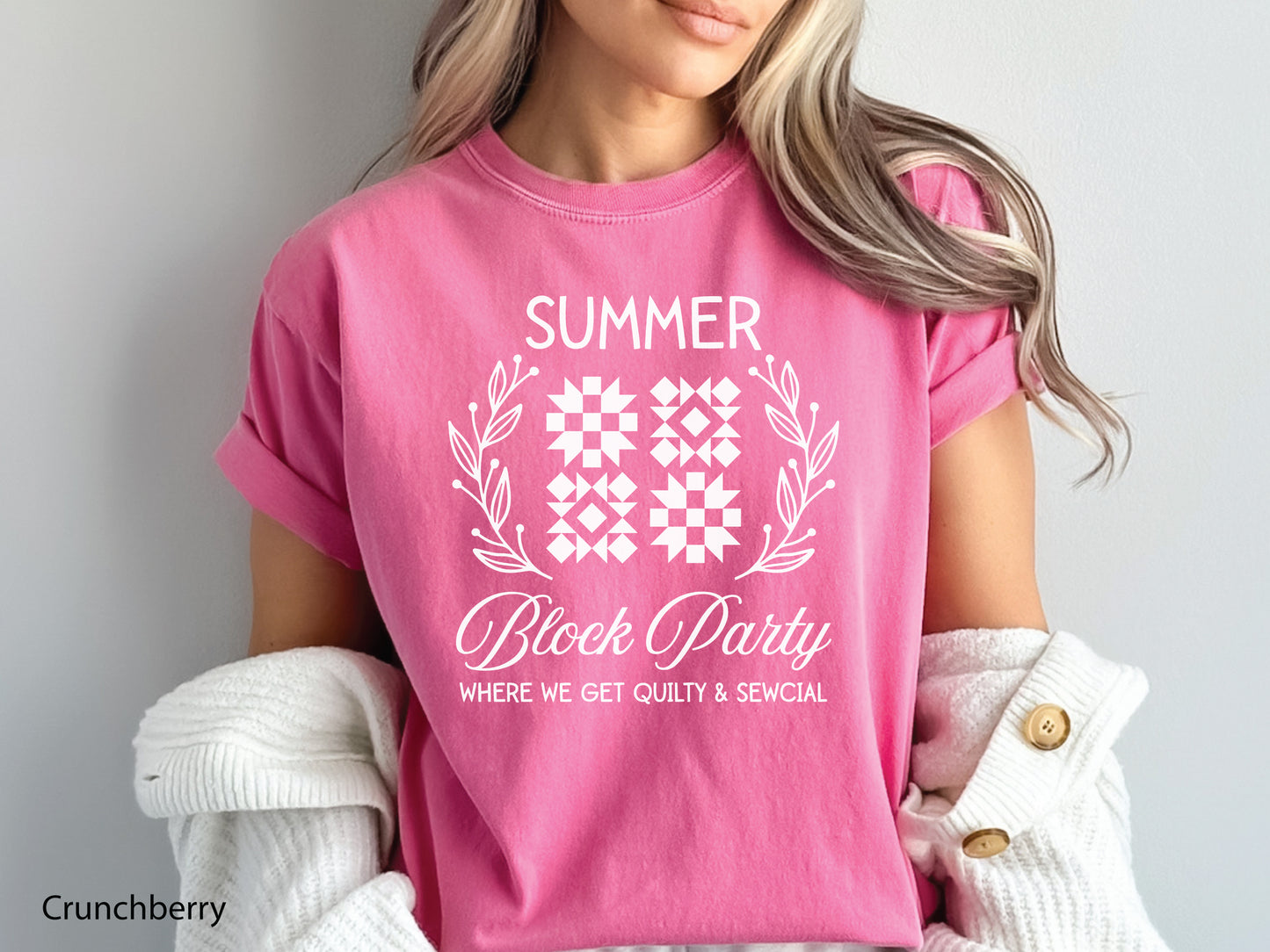 Summer quilt block t-shirt with the phrase “Where We Get Quilty & Sewcial,” a fun gift for quilters and sewists. Perfect for retreats, sew days, and summer stitching sessions.