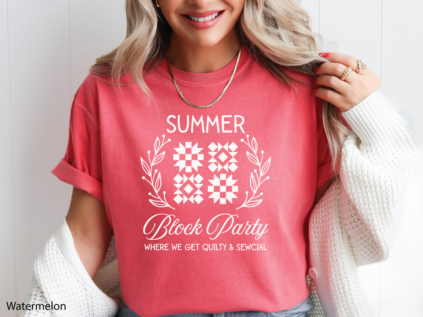 Summer quilt block t-shirt with the phrase “Where We Get Quilty & Sewcial,” a fun gift for quilters and sewists. Perfect for retreats, sew days, and summer stitching sessions.