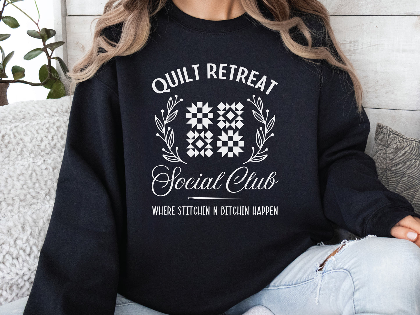 Get cozy and laugh in style with the black Quilt Retreat Social Club t-shirt from Bee Inspired Tees. Funny quilting shirts and gifts for quilters—perfect for retreats, guilds, and sewing days!