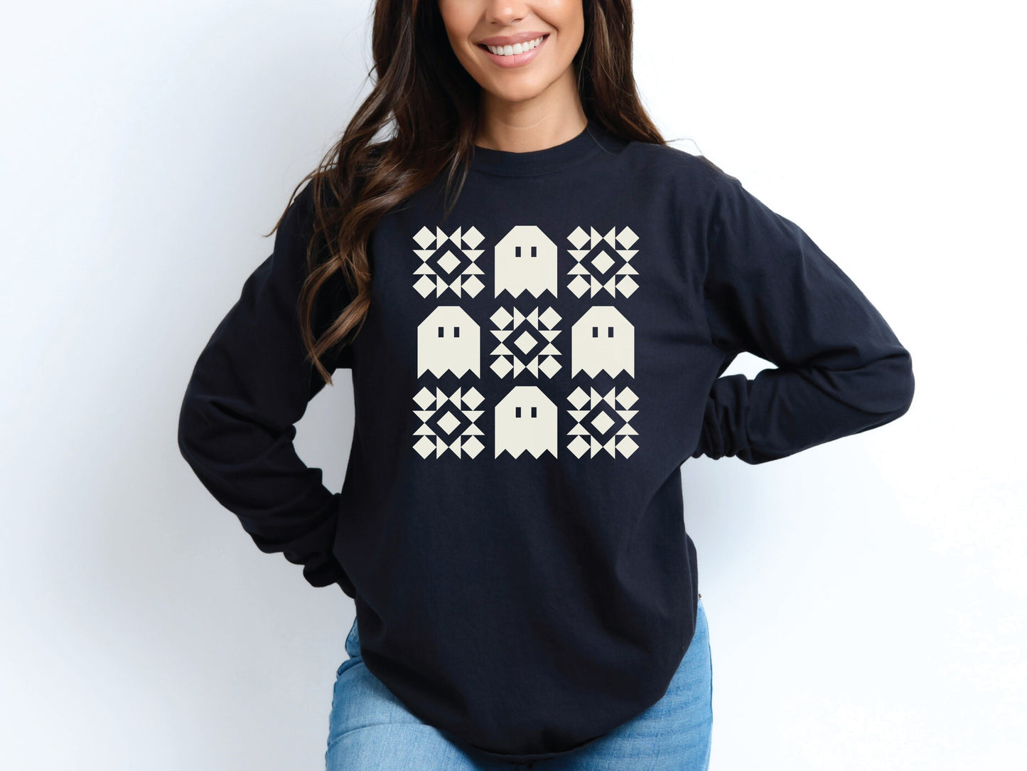 Spooky Ghost Quilt Block Long Sleeve T-Shirt