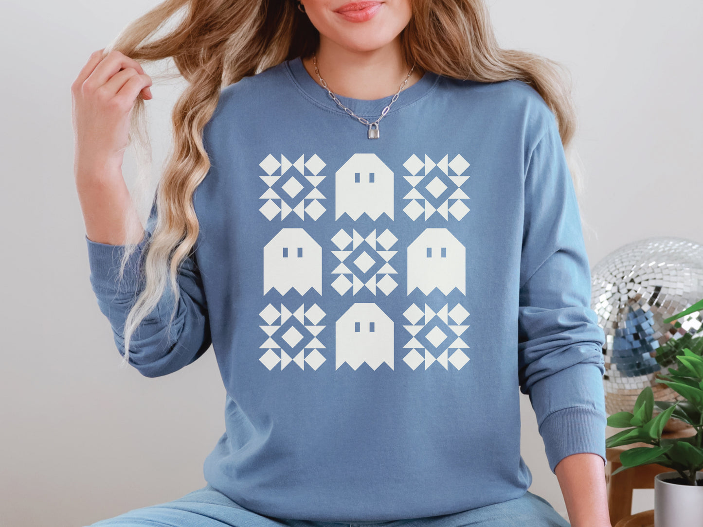 Spooky Ghost Quilt Block Long Sleeve T-Shirt