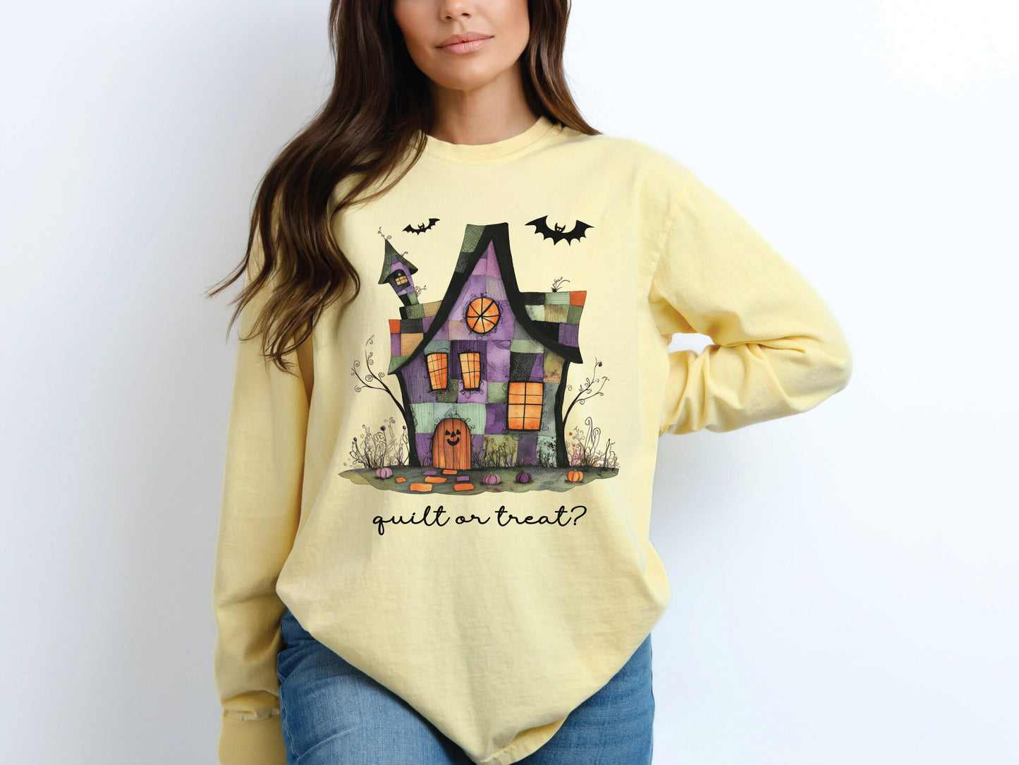 Quilt or Treat Halloween t-shirt on a Comfort Colors Butter (yellow) tee—fun Halloween gift for quilters, perfect for spooky season sewing and retreats.