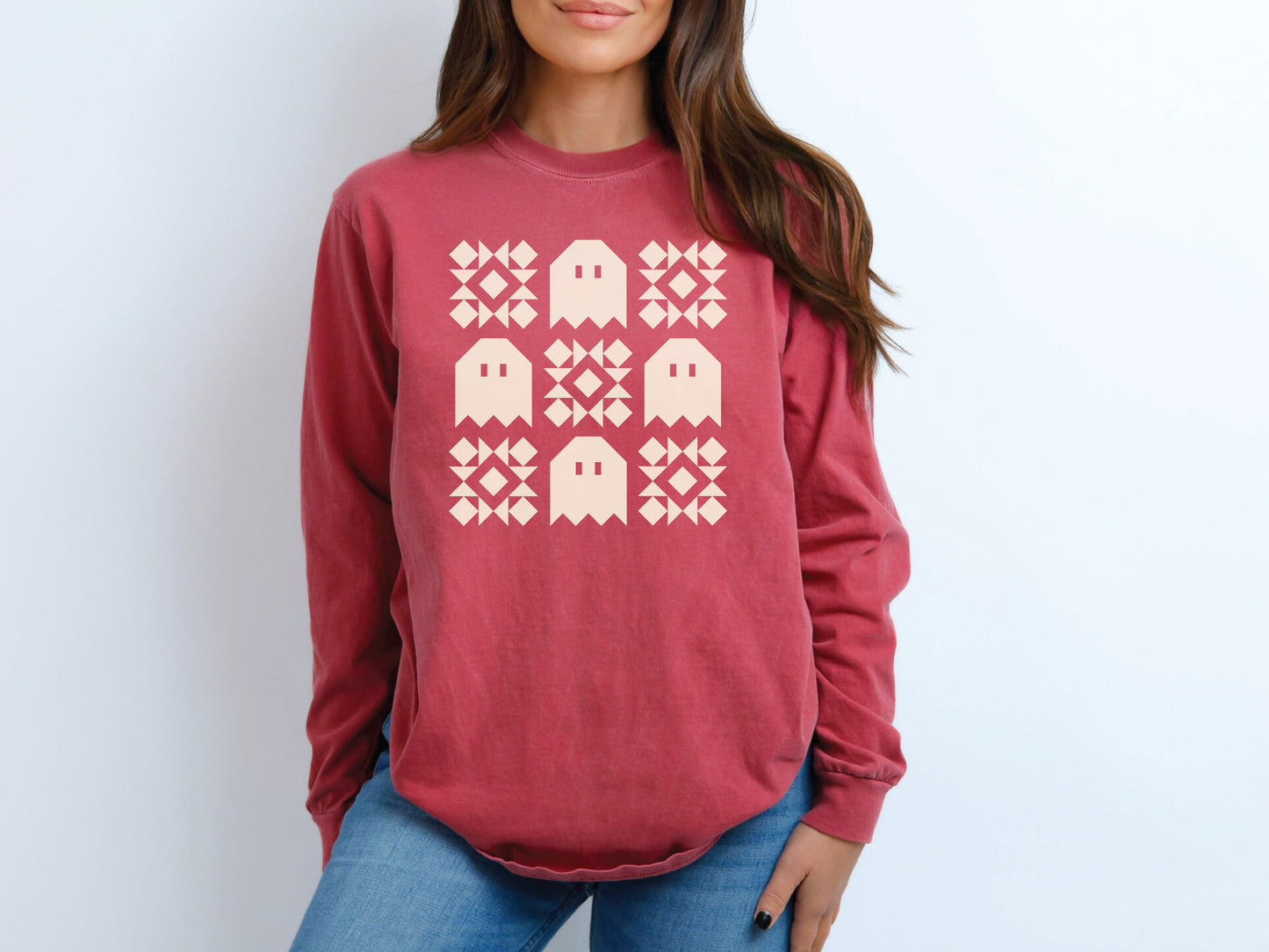Spooky Ghost Quilt Block Long Sleeve T-Shirt