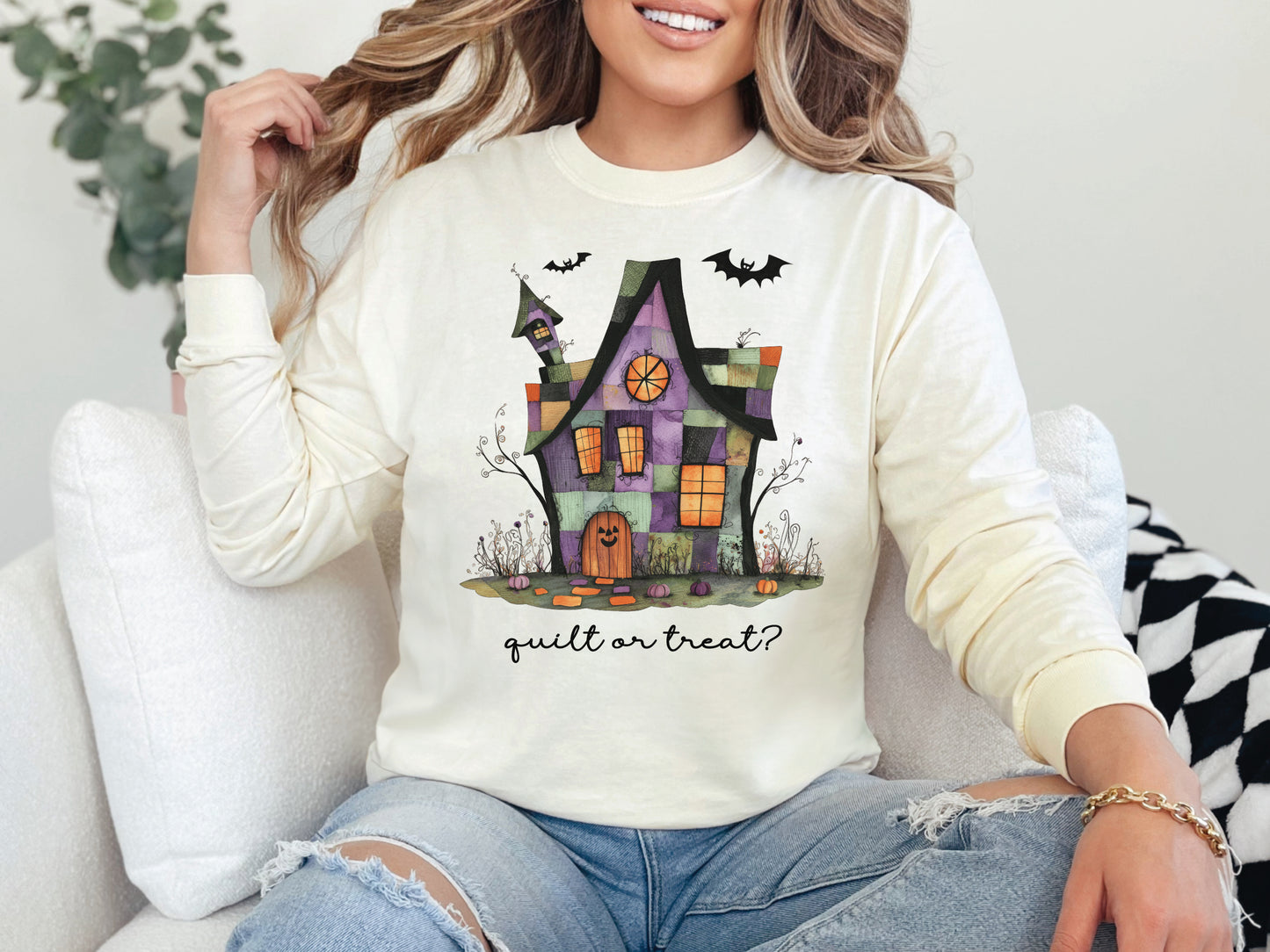 Quilt or Treat Halloween t-shirt on a Comfort Colors Ivory tee—fun Halloween gift for quilters, perfect for spooky season sewing and retreats.