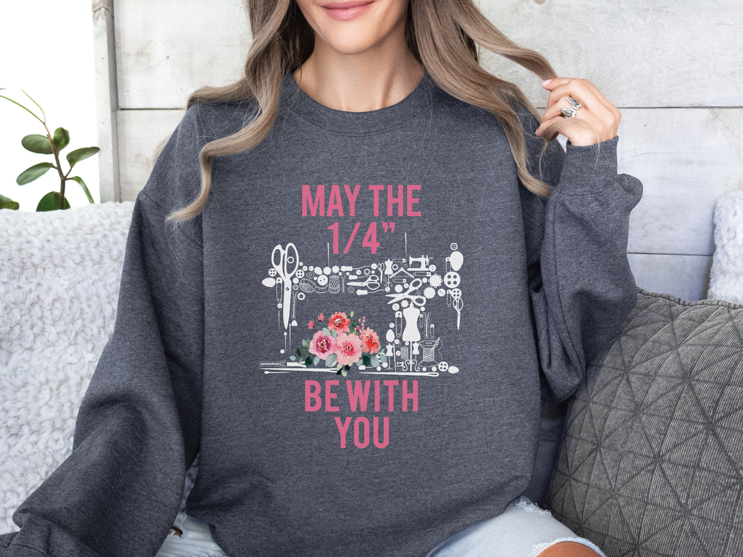 Dark Heather funny quilting sweatshirt by Bee Inspired Tees featuring witty quarter-inch seam design. Cozy and clever gift for quilters or retreat wear.