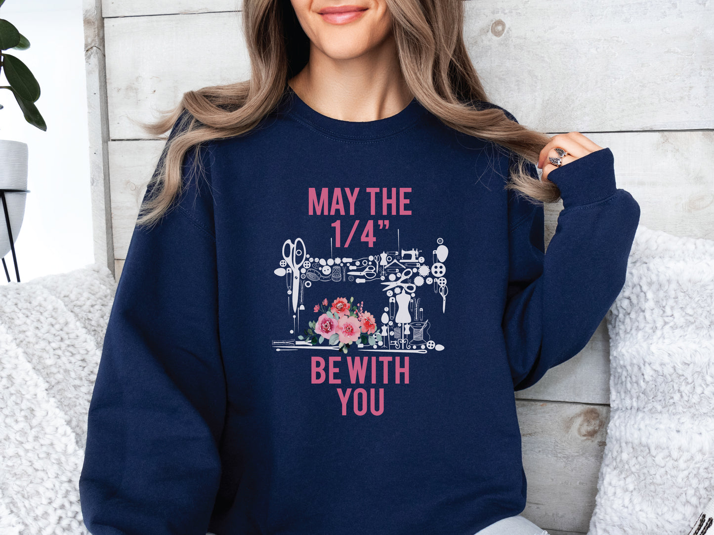 Navy funny quilting sweatshirt by Bee Inspired Tees featuring witty quarter-inch seam design. Cozy and clever gift for quilters or retreat wear.