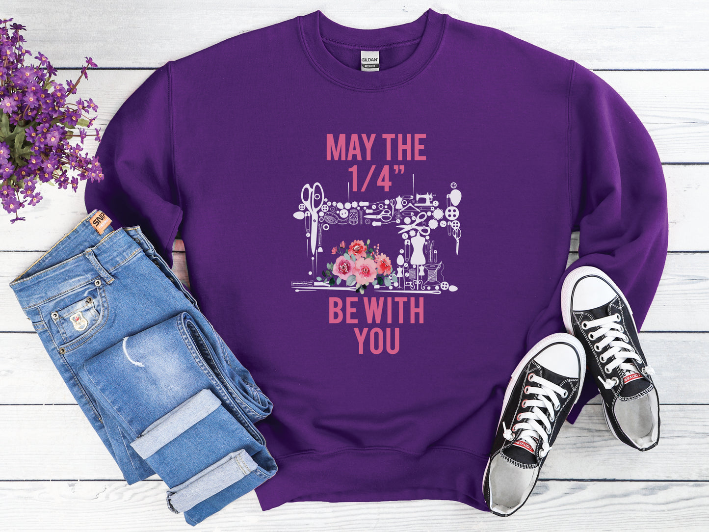 Purple funny quilting sweatshirt by Bee Inspired Tees featuring witty quarter-inch seam design. Cozy and clever gift for quilters or retreat wear.