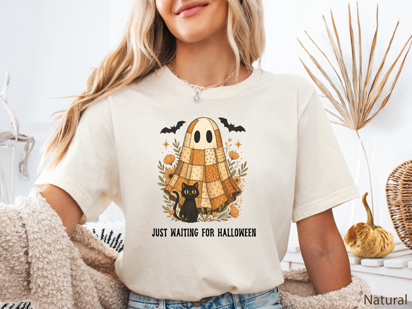 Just Waiting For Halloween t-shirt in natural with quilt block ghost and black cat design—fun spooky quilting shirt, perfect gift for quilters.