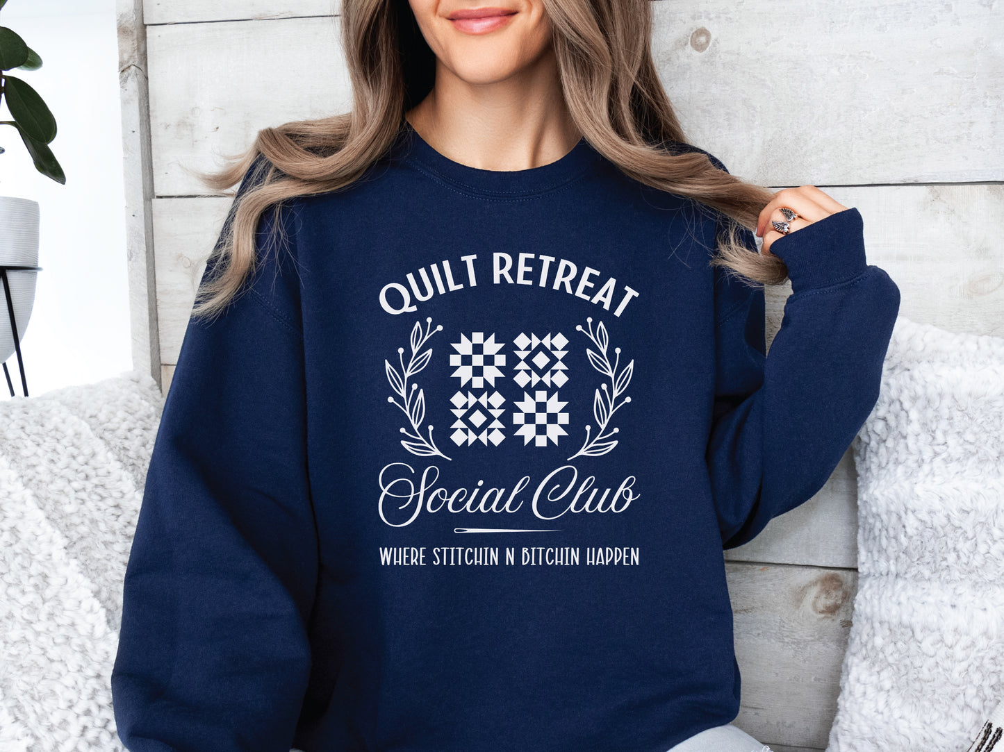 Get cozy and laugh in style with the Navy Quilt Retreat Social Club t-shirt from Bee Inspired Tees. Funny quilting shirts and gifts for quilters—perfect for retreats, guilds, and sewing days!
