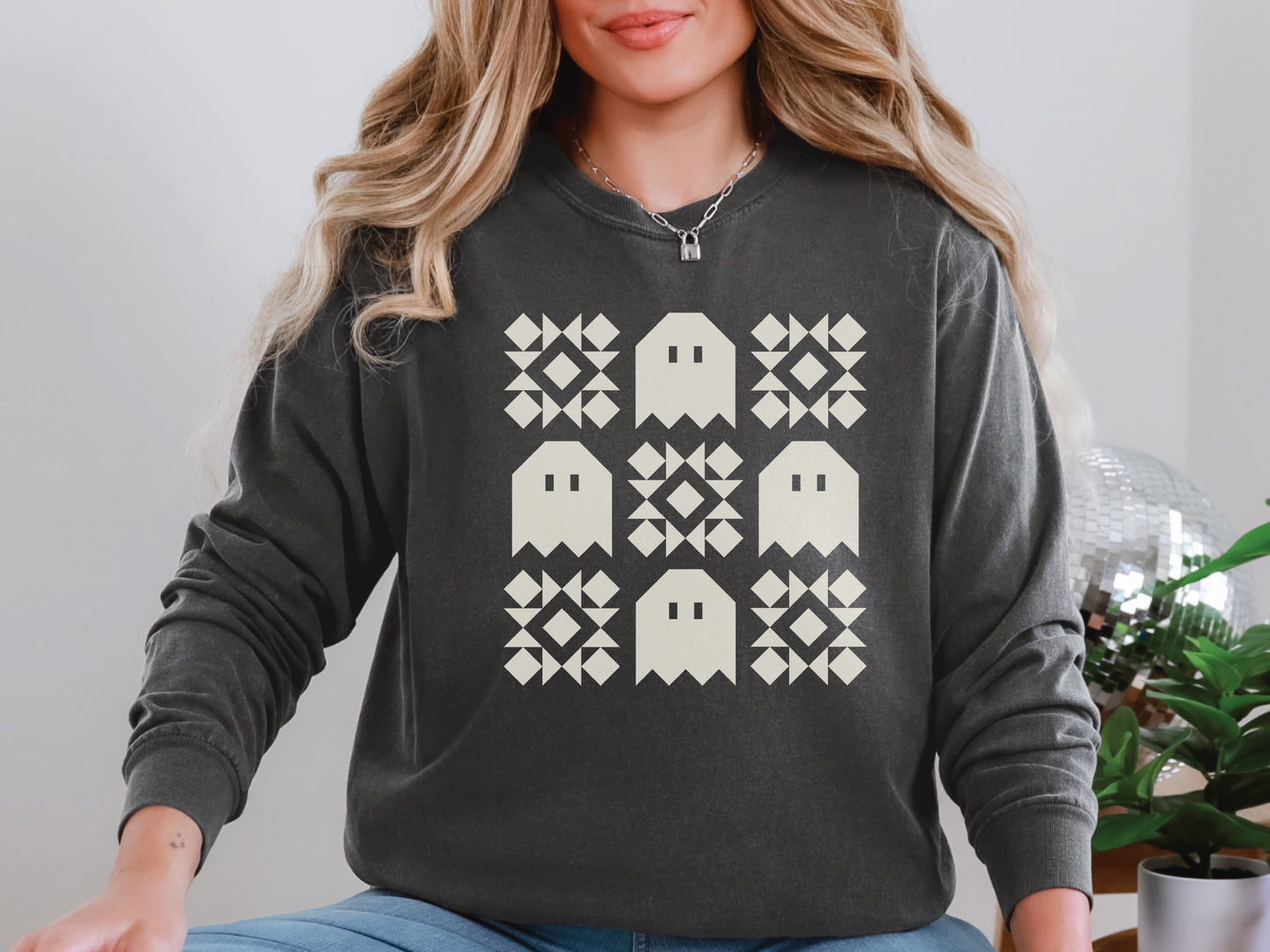 Spooky Ghost Quilt Block Long Sleeve T-Shirt