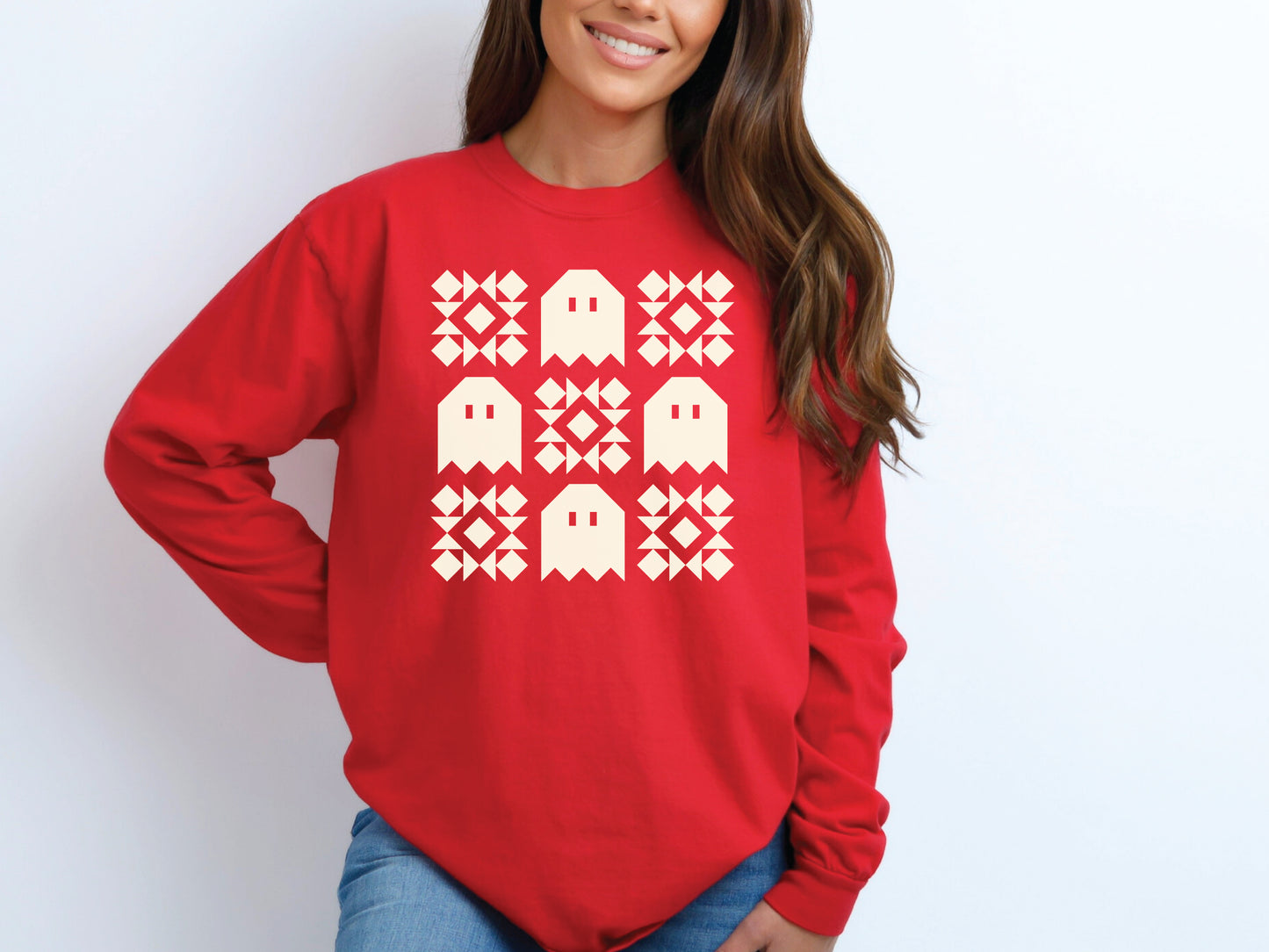 Spooky Ghost Quilt Block Long Sleeve T-Shirt