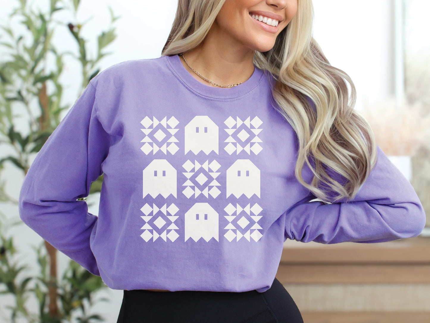 Spooky Ghost Quilt Block Long Sleeve T-Shirt