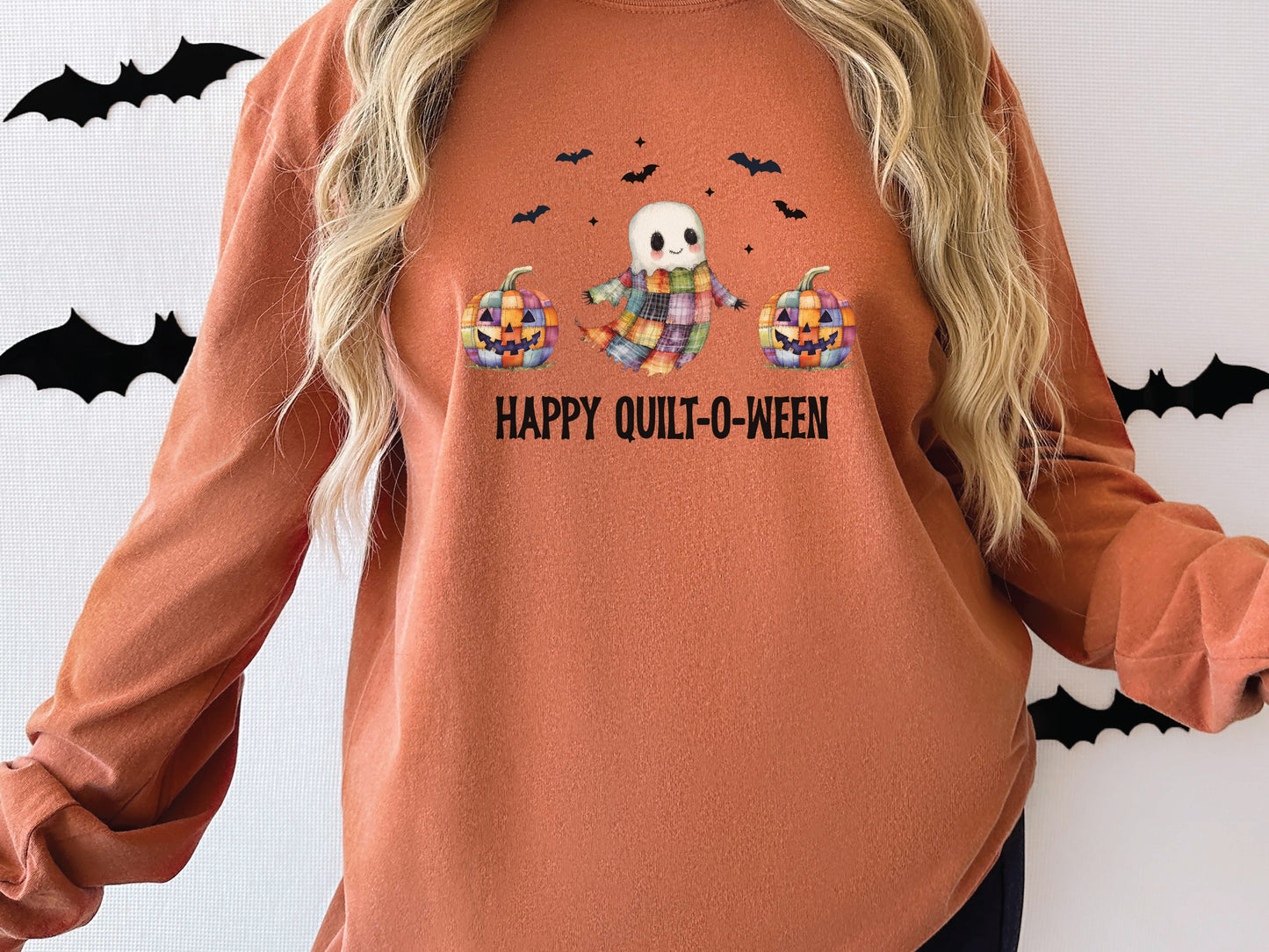 Happy Quilt-O-Ween t-shirt with patchwork pumpkins and ghost, Orange/Yam Comfort Colors shirt – gift for quilters.