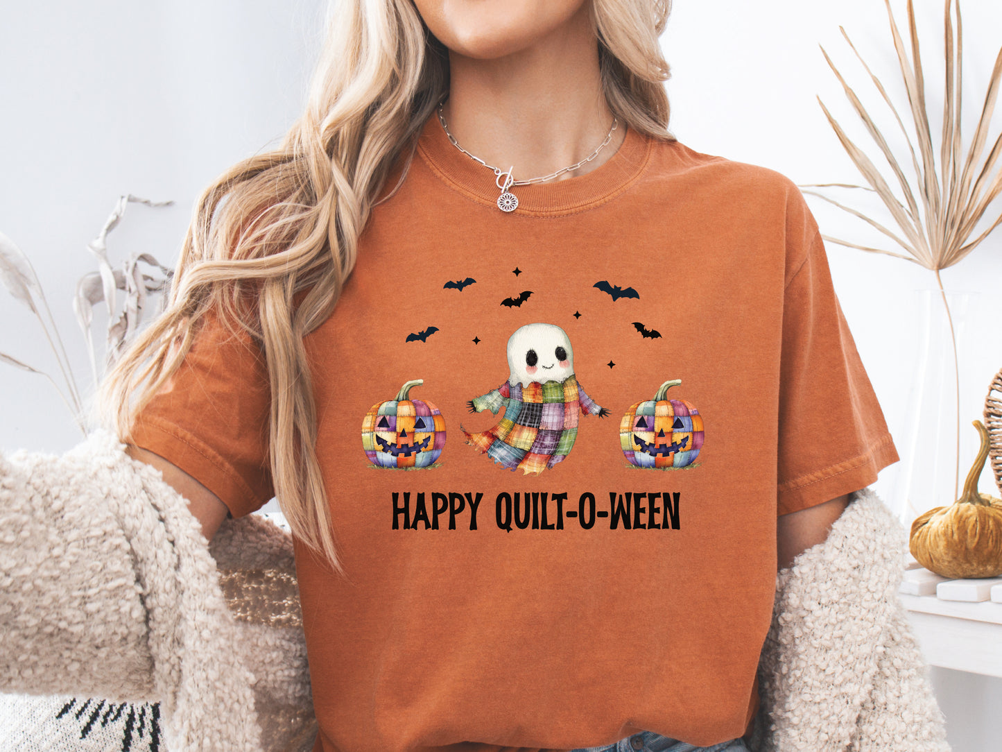 Happy Quilt-O-Ween t-shirt with patchwork pumpkins and ghost, Orange/Yam Comfort Colors shirt – gift for quilters.