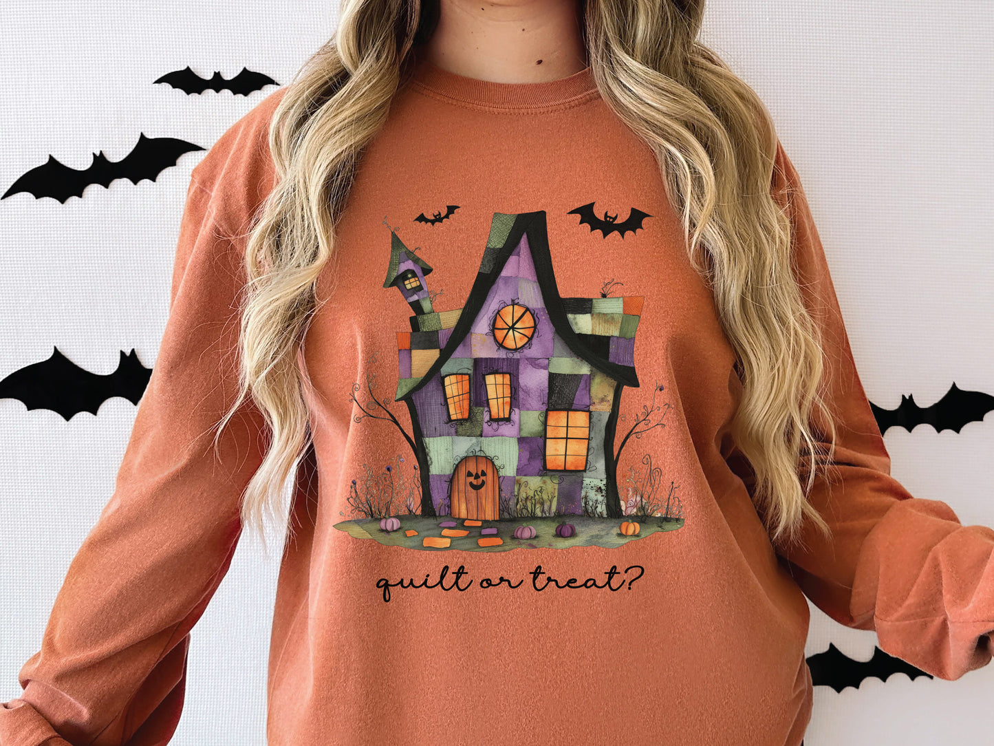 Quilt or Treat Halloween t-shirt on a Comfort Colors Yam tee—fun Halloween gift for quilters, perfect for spooky season sewing and retreats.