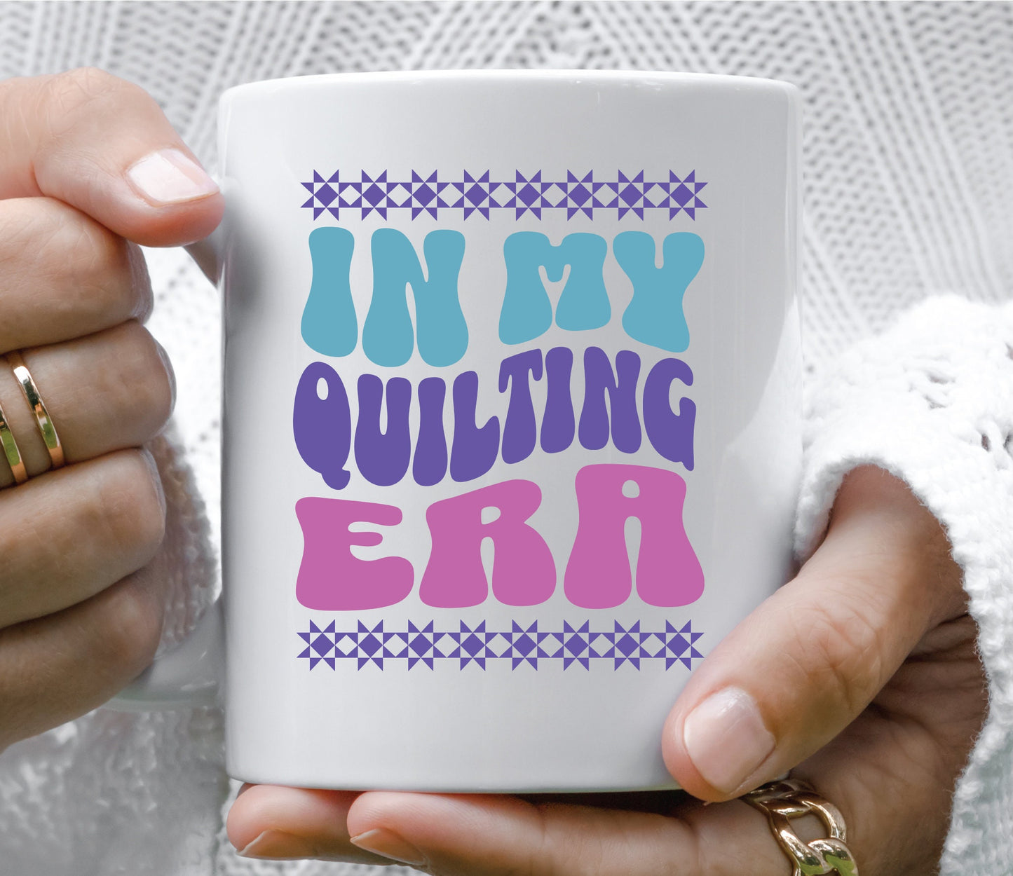 In My Quilting Era retro wavy text style on a white 11 oz mug.