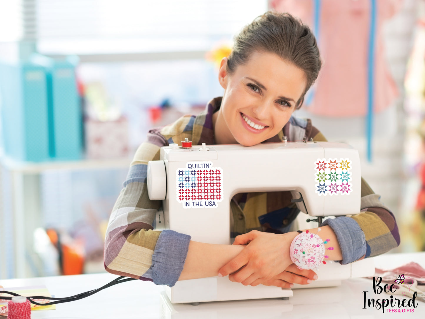 Patriotic “Quiltin’ In The USA” vinyl sticker with red, white, and blue quilt blocks on a white background, perfect for quilters and America’s 250th celebration