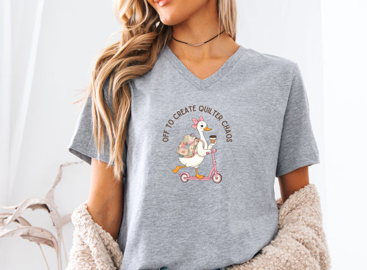 Off To Create Quilting Chaos V-Neck T-Shirt