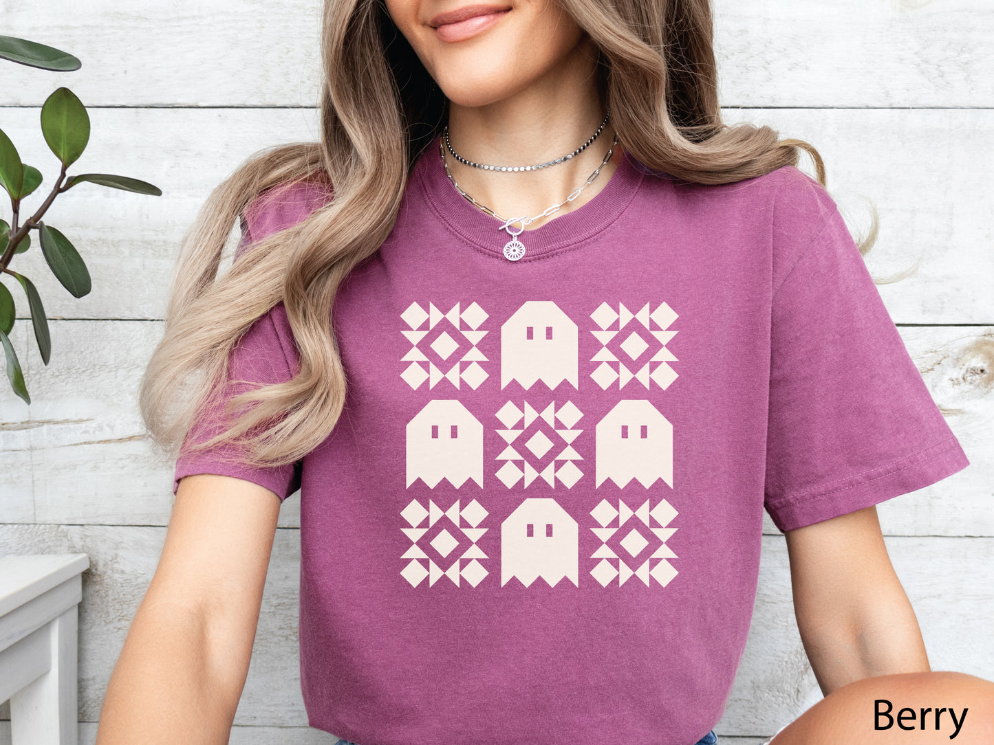 Halloween quilt t-shirt in Comfort Colors Berry with spooky ghost quilt blocks in a grid design—fun fall gift for quilters.