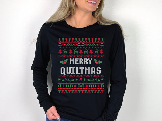 Long sleeve t-shirt with festive “Merry Quiltmas” design — perfect holiday gift for quilters, sewists, and anyone who loves Christmas sewing fun.