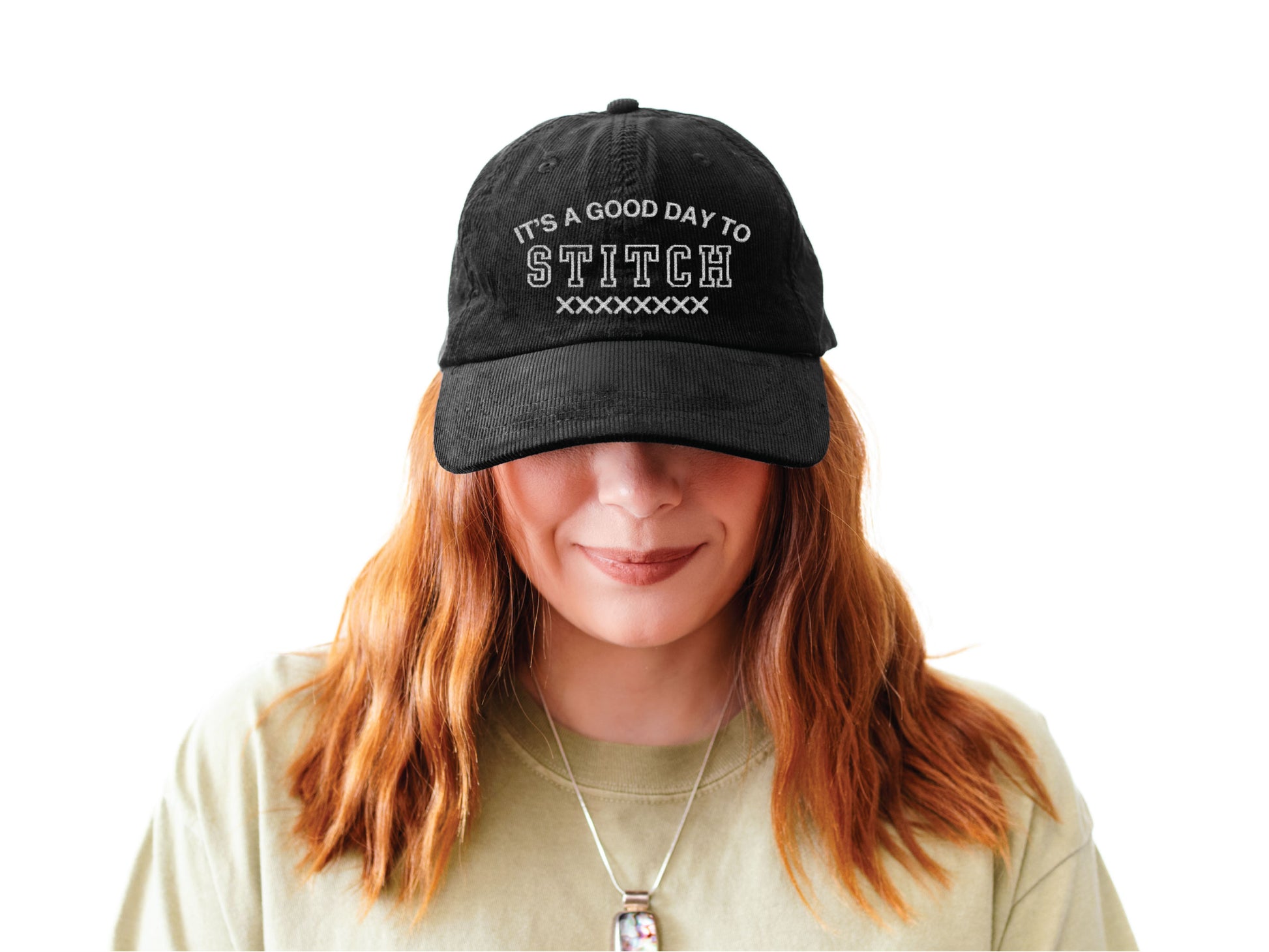 Vintage corduroy hat embroidered with the phrase “It’s a Good Day to Stitch,” shown in multiple color options—an ideal gift for cross stitch, embroidery, and needlework lovers.