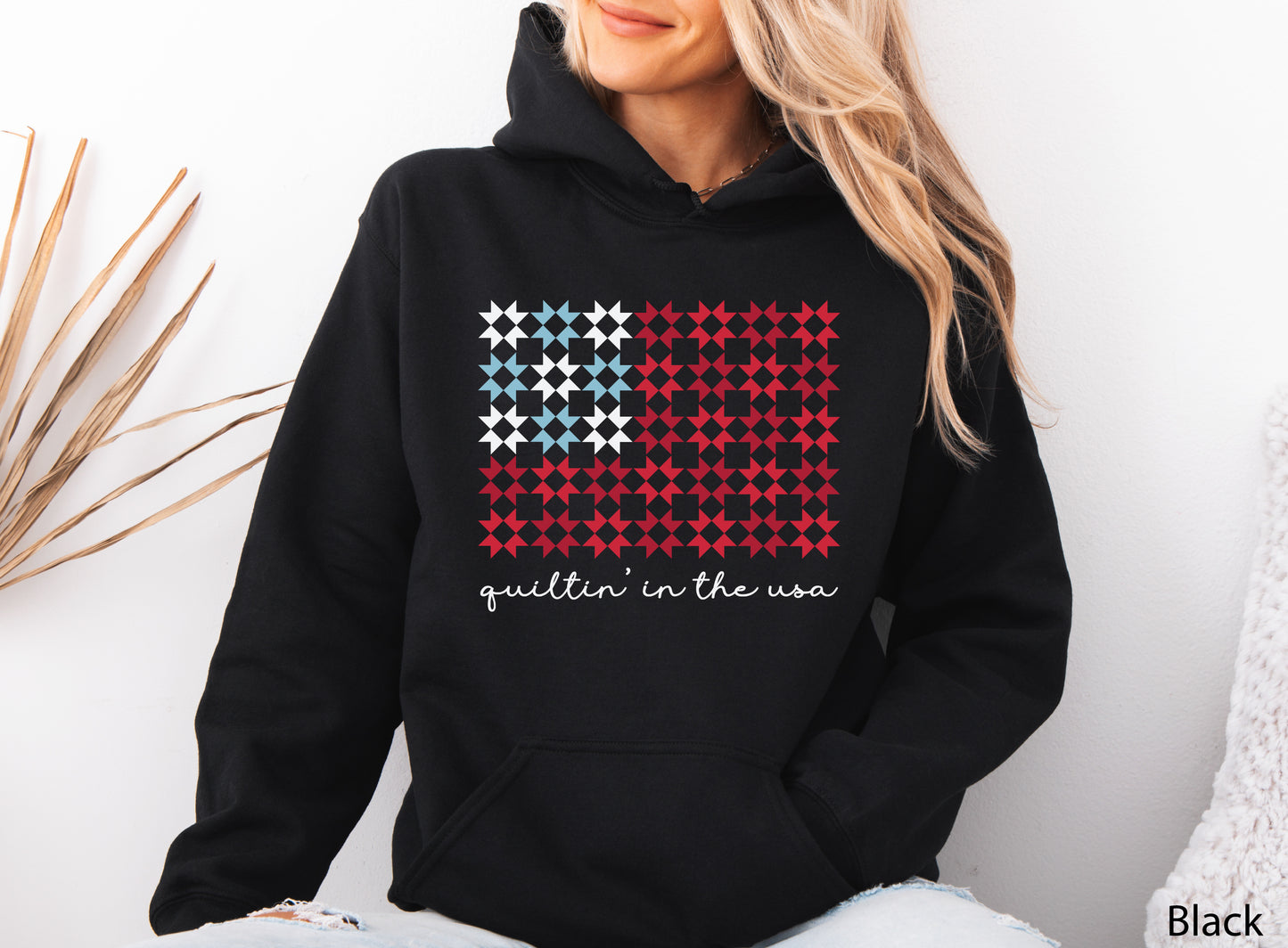 Quiltin’ In The USA quilt hoodie sweatshirt with red, white, and blue quilt block design, ideal for America’s 250th Anniversary and patriotic quilters.