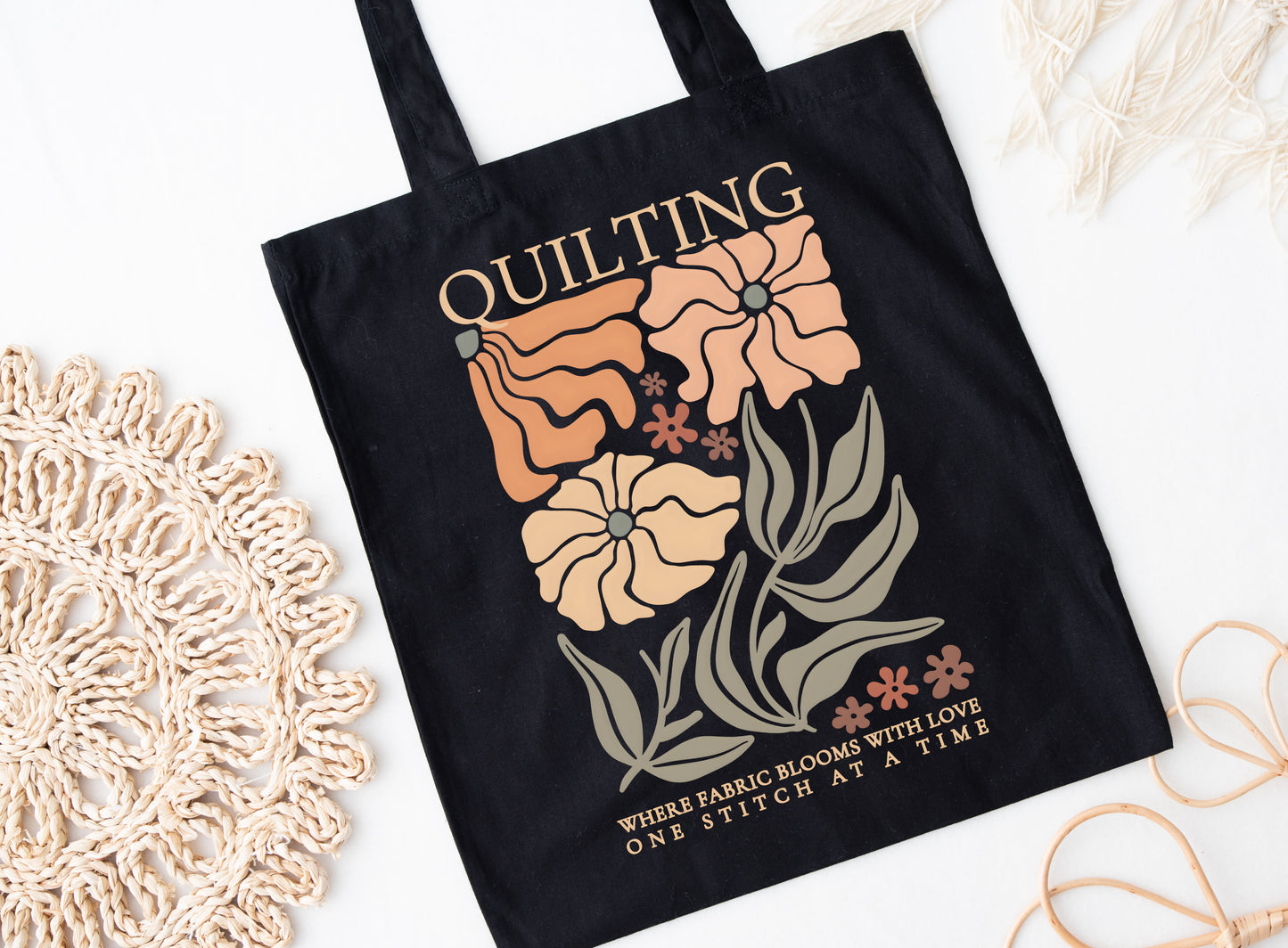 Quilting Boho Floral Canvas Tote Bag