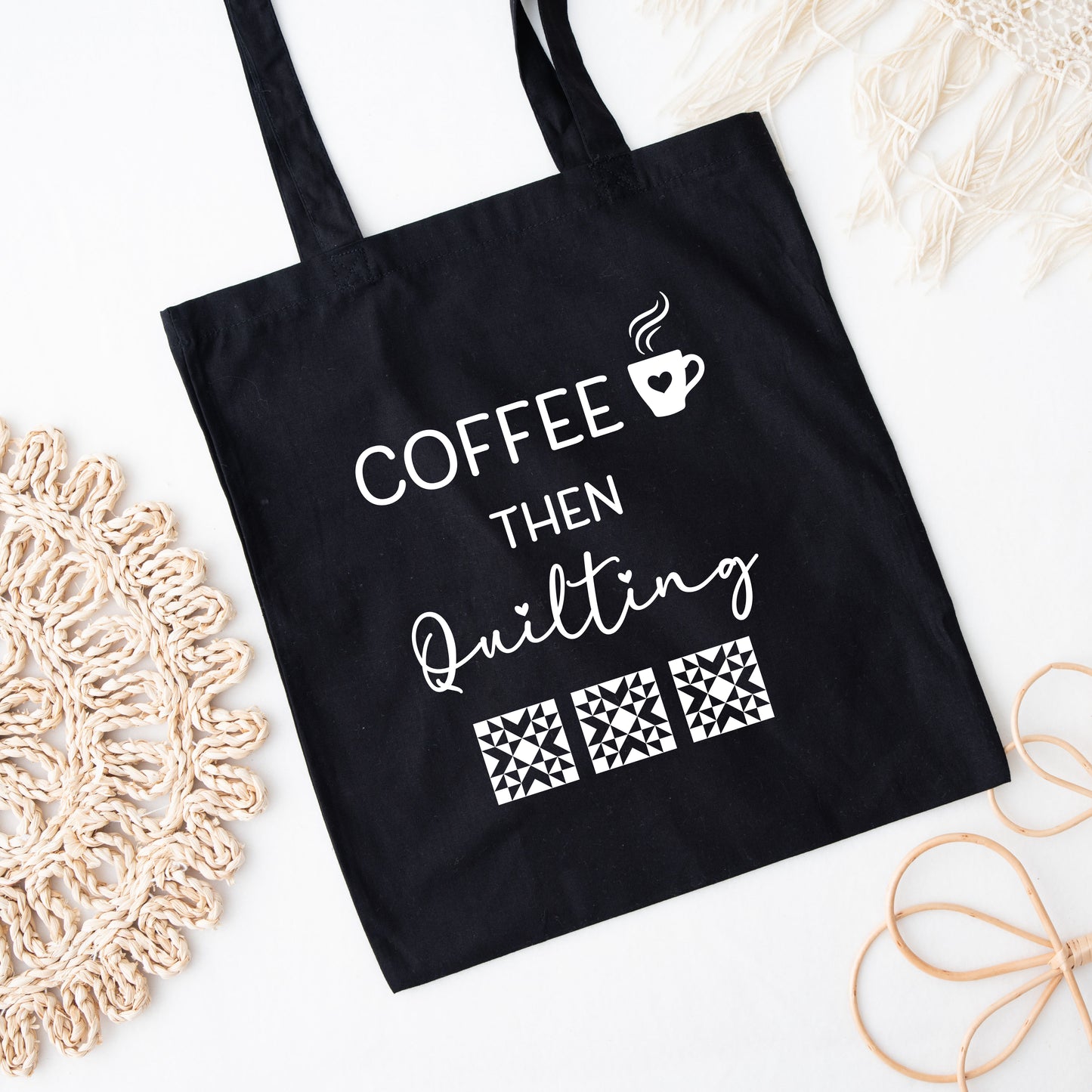 Coffee Then Quilting Canvas Tote Bag