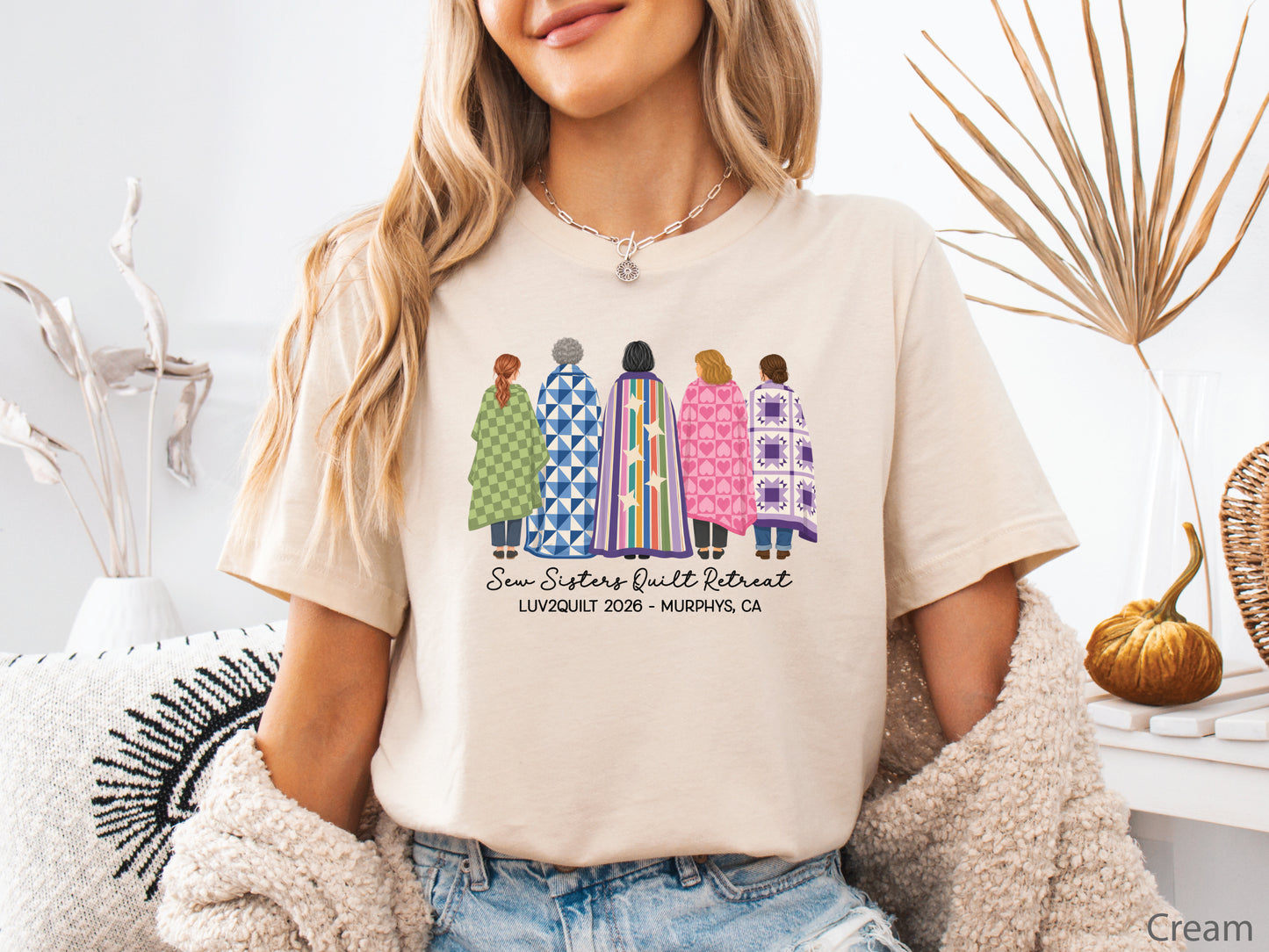 Sew Sisters Quilt Retreat shirt design featuring five women wrapped in colorful green, blue, striped, pink heart, and purple quilts with personalized text.
