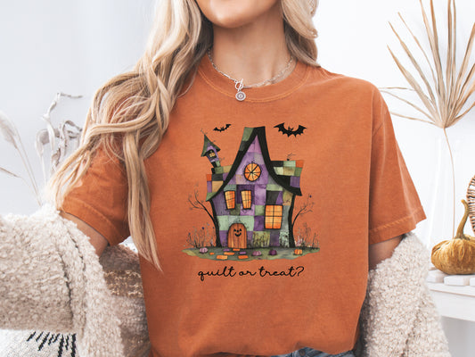 Quilt or Treat Halloween t-shirt on a Comfort Colors Yam tee—fun Halloween gift for quilters, perfect for spooky season sewing and retreats.