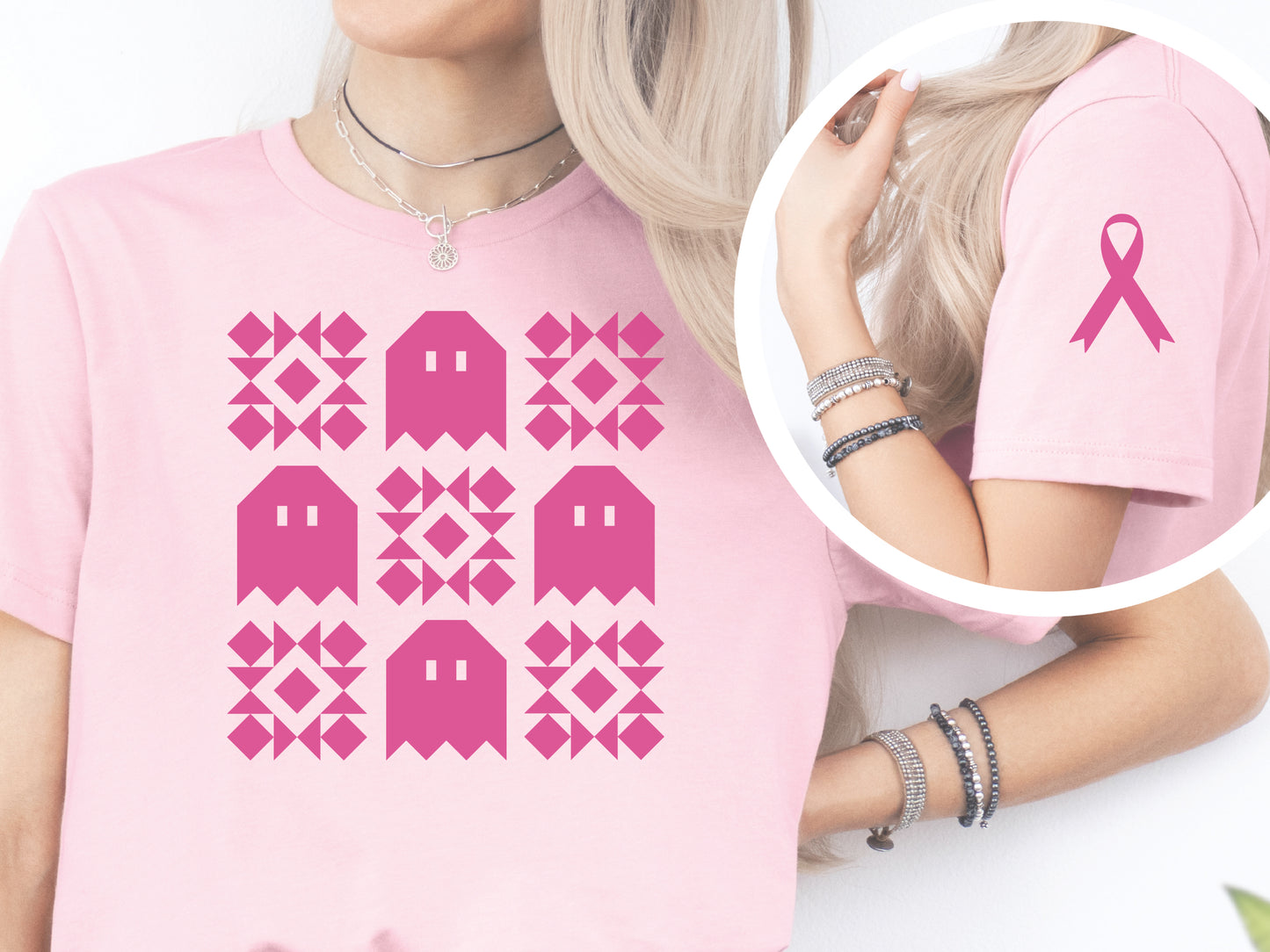 Pink Spooky Ghost Quilt Block T-Shirt