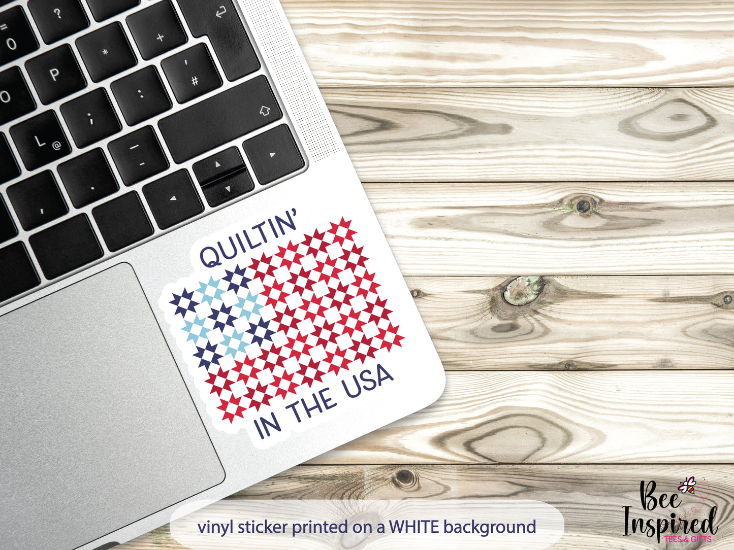 Patriotic “Quiltin’ In The USA” vinyl sticker with red, white, and blue quilt blocks on a white background, perfect for quilters and America’s 250th celebration