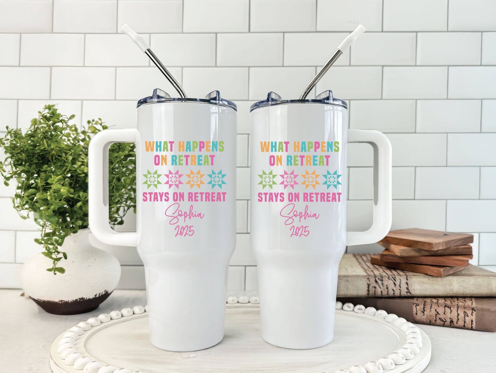 40oz stainless steel tumbler with “What Happens on Retreat Stays on Retreat,” colorful quilt blocks, and personalized name and year; a fun keepsake for quilters.