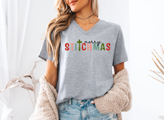 Merry Stitchmas Cross V-Neck T-Shirt