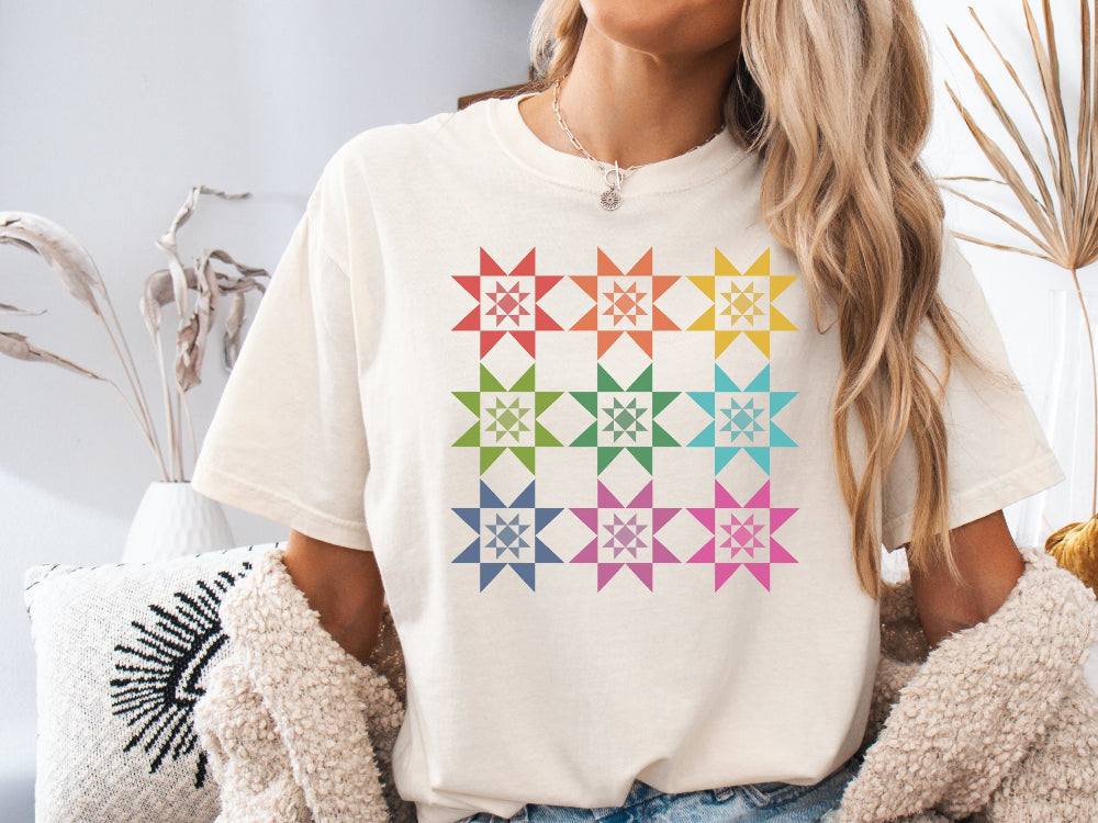 woman wearing ombre ivory quilt shirt 