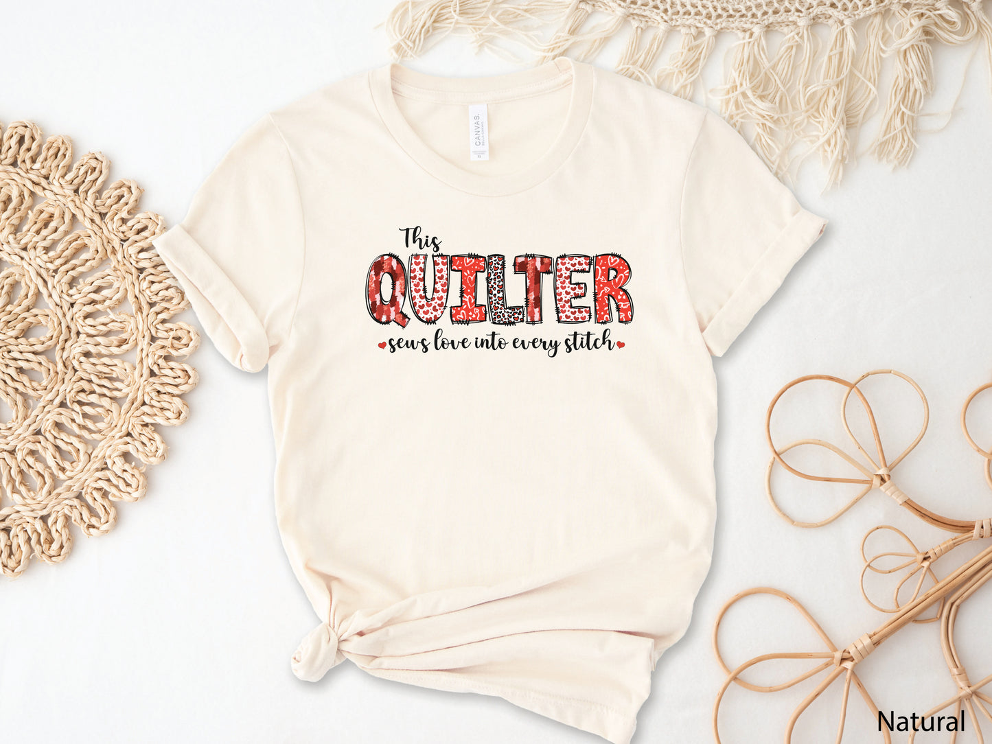 Valentine’s Day quilting t-shirt with the phrase “This Quilter Sews Love in Every Stitch,” perfect for quilters and handmade gift lovers.