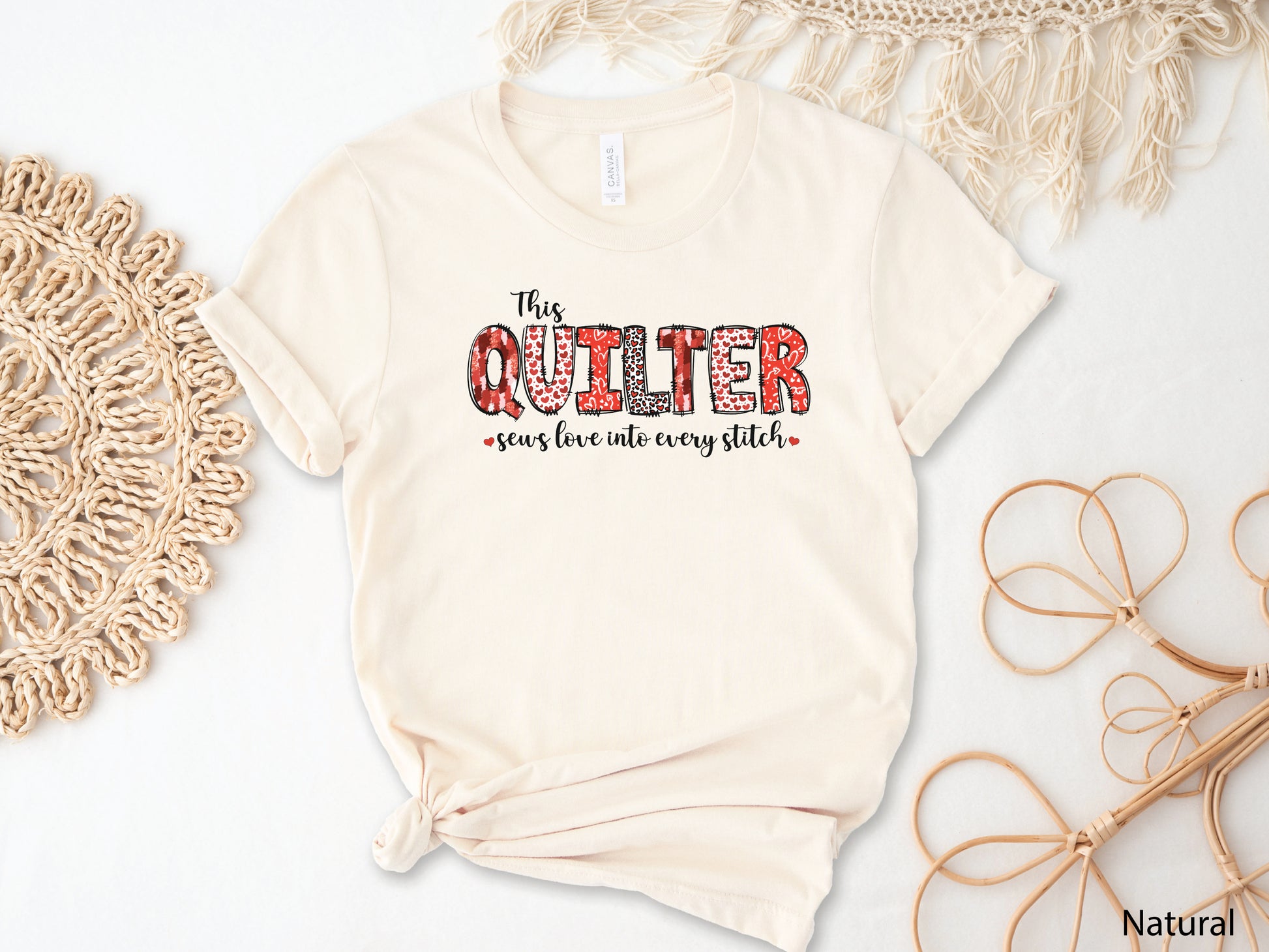 Valentine’s Day quilting t-shirt with the phrase “This Quilter Sews Love in Every Stitch,” perfect for quilters and handmade gift lovers.