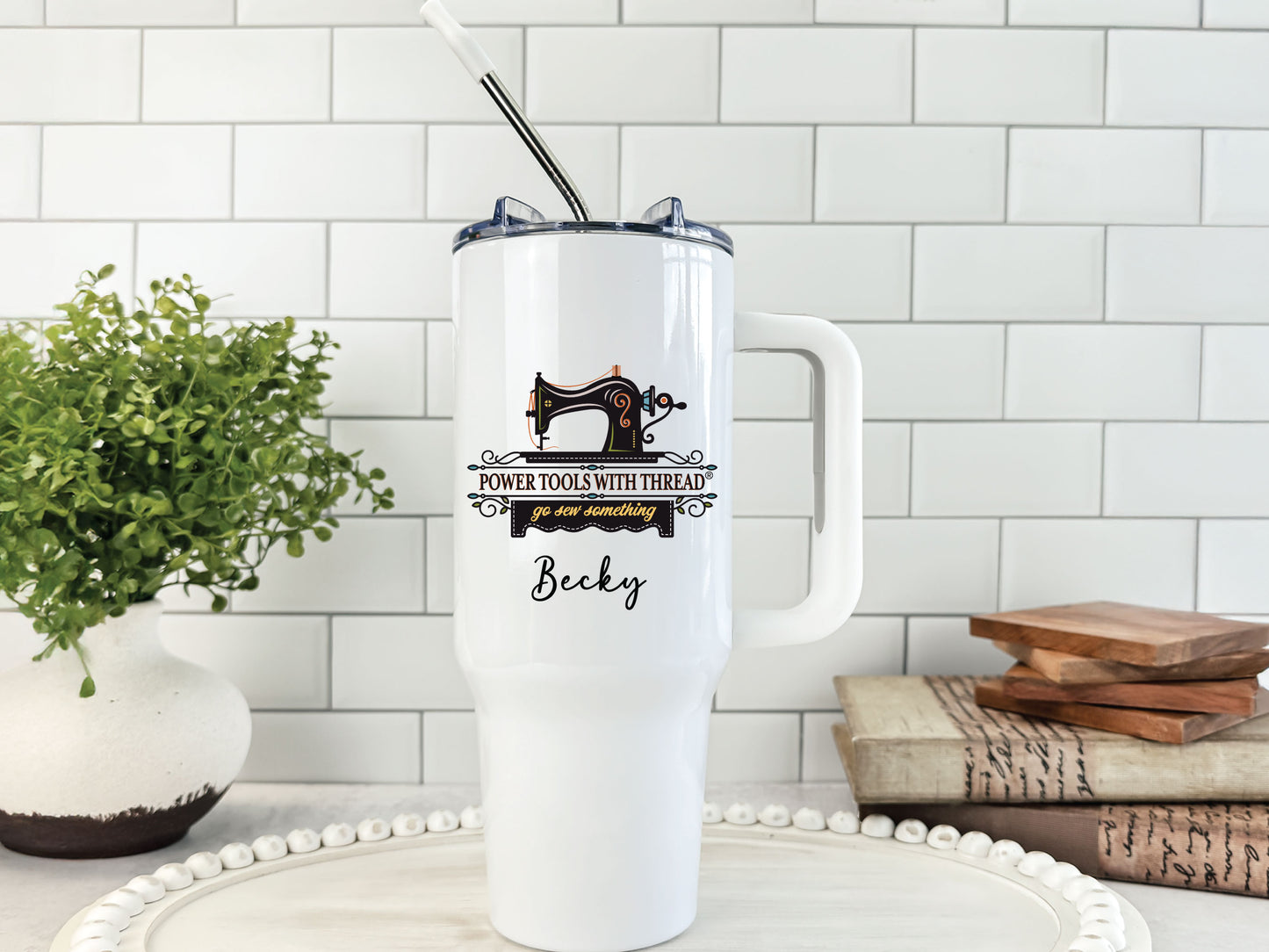 Stay hydrated in style with this 40oz personalized PTWT tumbler — perfect for quilters, sewists, and fans of Power Tools With Thread You Tube live shows.