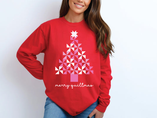 Long sleeve T-shirt with a Christmas tree made of pink pinwheel quilt blocks — festive Merry Quiltmas design and perfect holiday gift for quilters and sewing lovers.