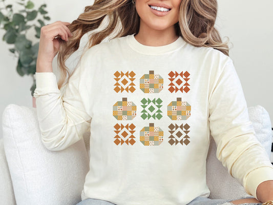 Fall Pumpkin Quilt Block Long Sleeve Shirt