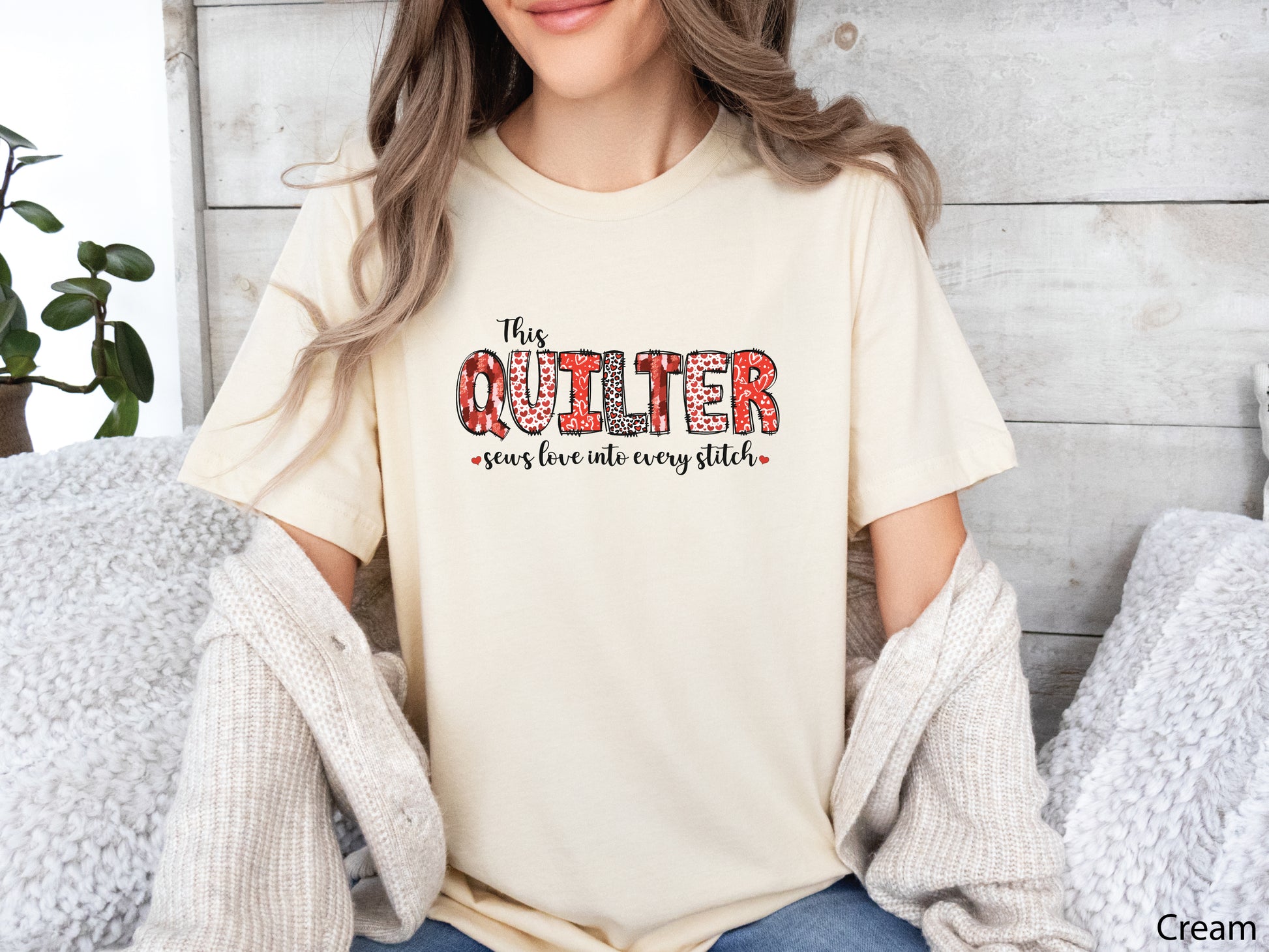 Valentine’s Day quilting t-shirt with the phrase “This Quilter Sews Love in Every Stitch,” perfect for quilters and handmade gift lovers.