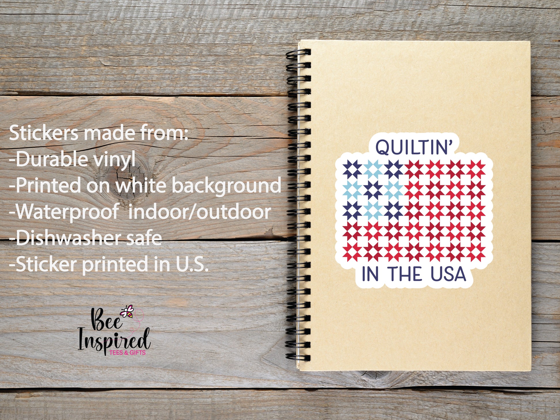 Patriotic “Quiltin’ In The USA” vinyl sticker with red, white, and blue quilt blocks on a white background, perfect for quilters and America’s 250th celebration