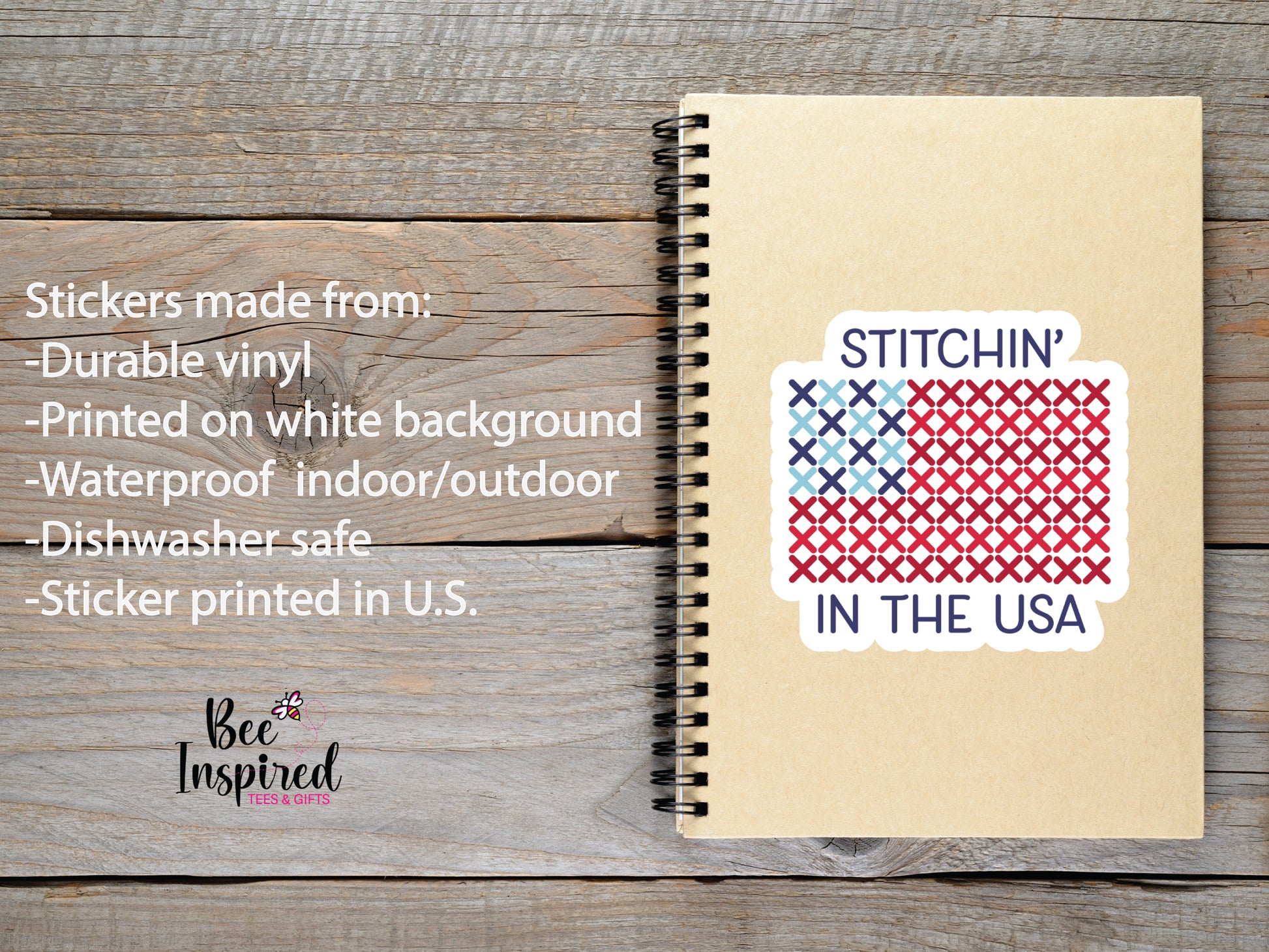 Patriotic “Stitchin’ In The USA” vinyl sticker with American flag stitching design on a white background, perfect for sewing, cross stitch, and needlepoint lovers celebrating America’s 250th.