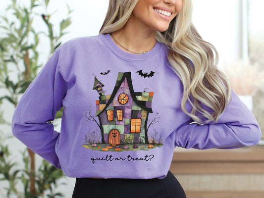 Quilt or Treat Halloween t-shirt on a Comfort Colors Violet tee—fun Halloween gift for quilters, perfect for spooky season sewing and retreats.