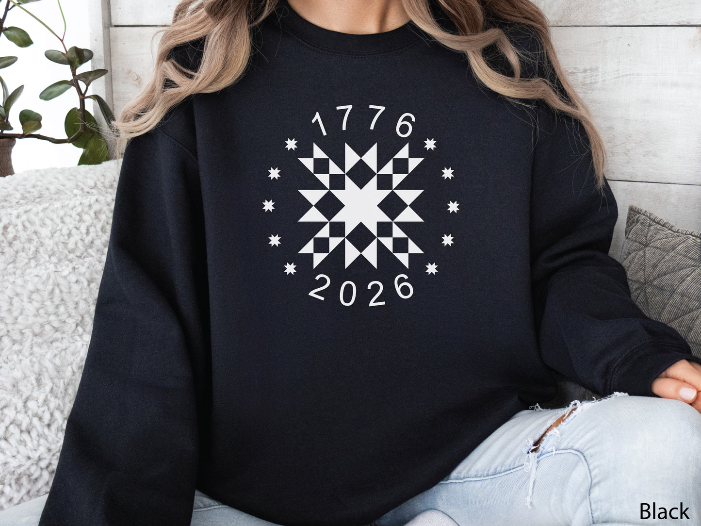 Patriotic quilting sweatshirt featuring a white star quilt block with surrounding stars and the years 1776–2026, celebrating America’s 250th Anniversary. Makes a great valor quilter gift.