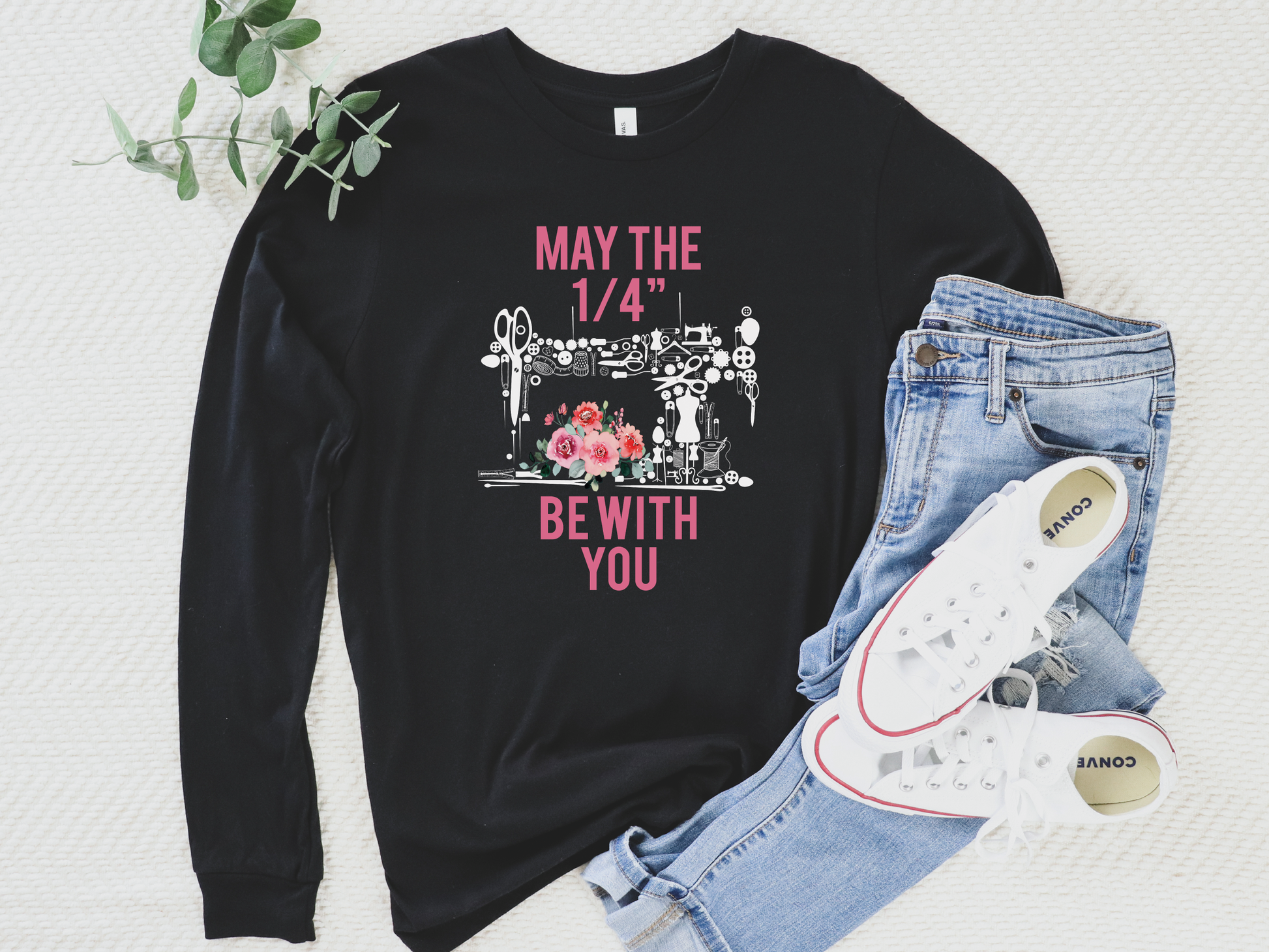 Funny quilting shirt in black long sleeve by Bee Inspired Tees. Features witty quarter-inch seam design—perfect for quilt retreats, guild meetups, and gifts for quilters.