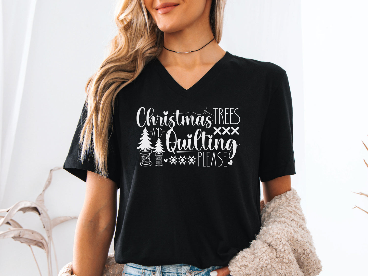 Christmas & Quilting Please V-Neck T-Shirt
